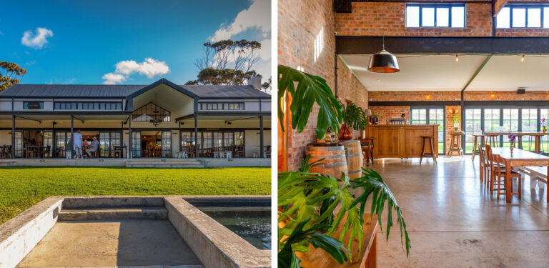 Wine-estate venue shown from its lawn and dining interior