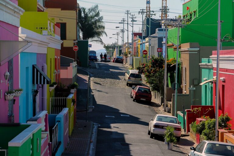 Steep Bo-Kaap street lined with brightly painted houses