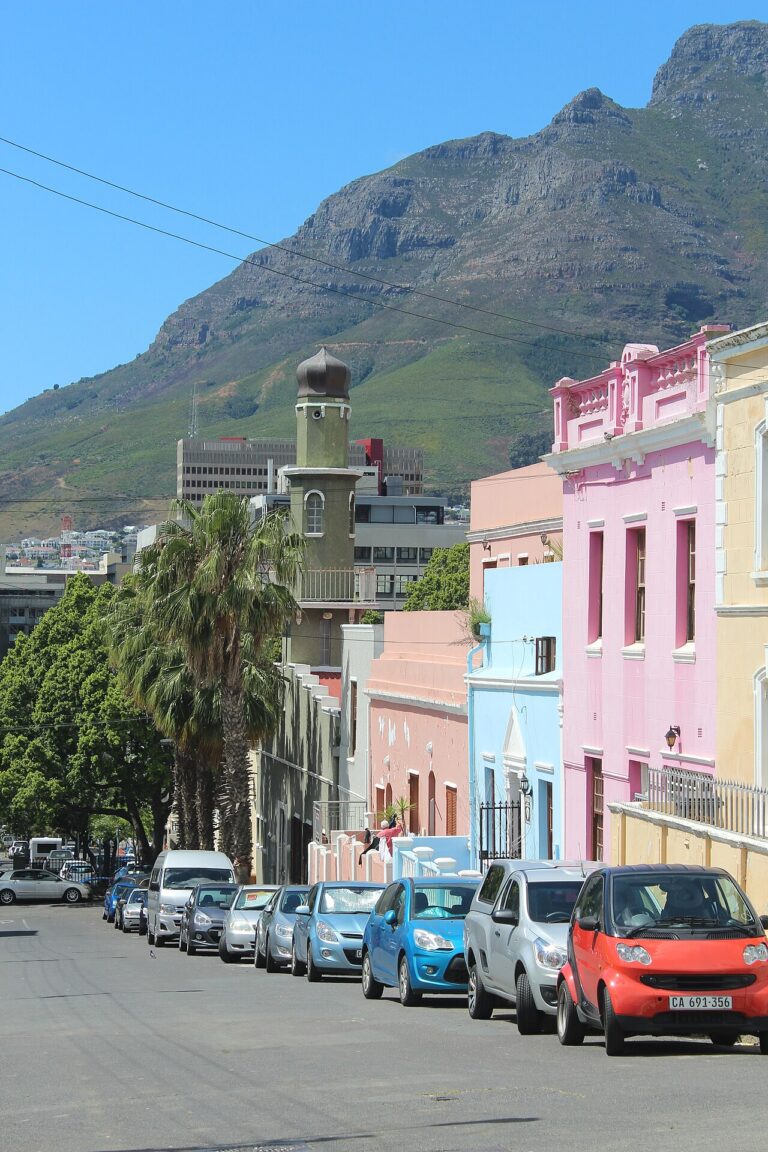 Colourful Bo-Kaap houses with a mountain backdrop
