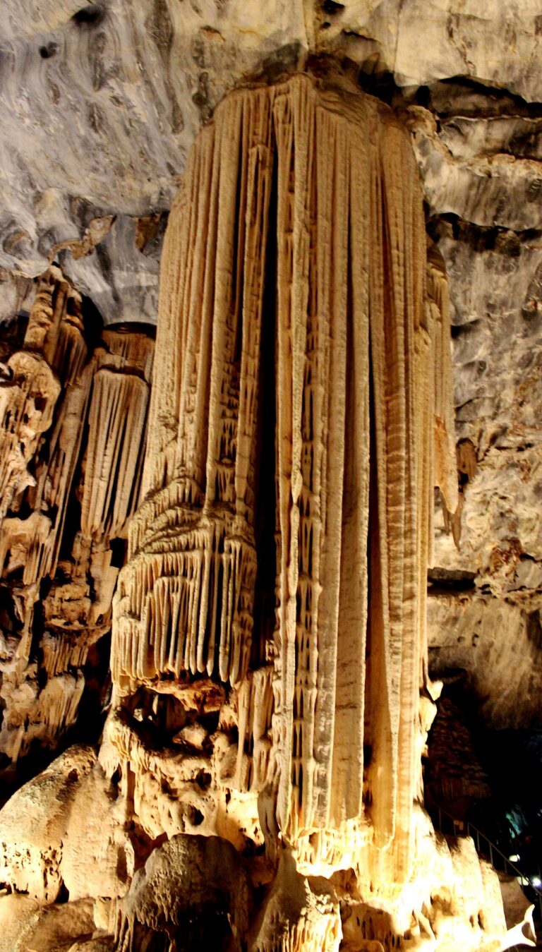 Tall limestone columns rising inside the Cango Caves