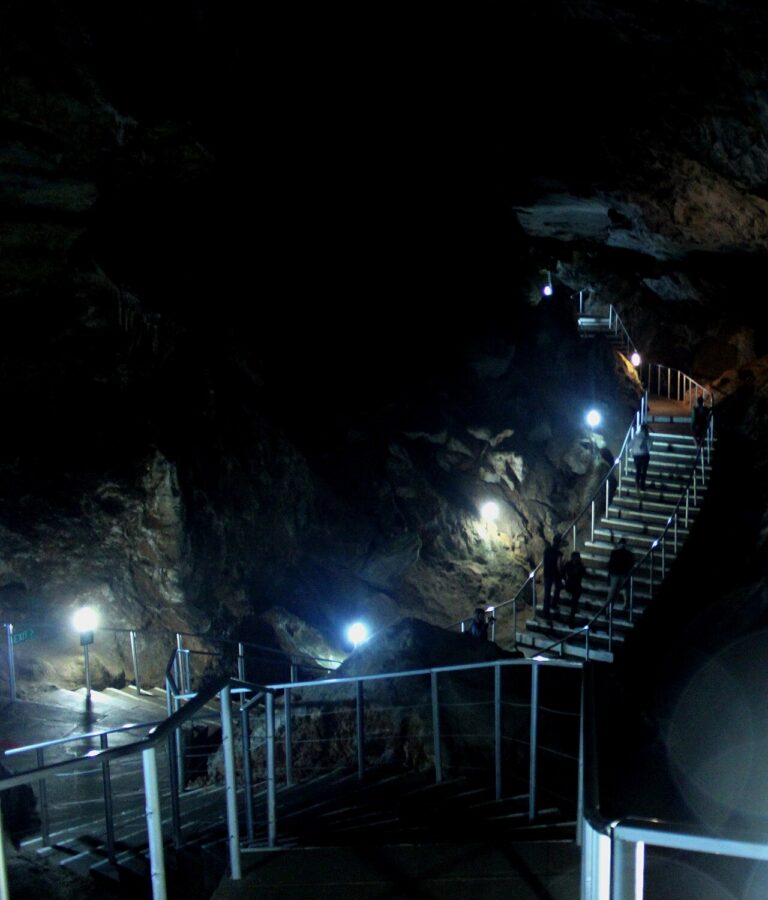 Lit visitor walkway descending through a dark cave chamber