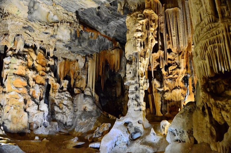 Clusters of limestone stalactites and columns in the Cango Caves
