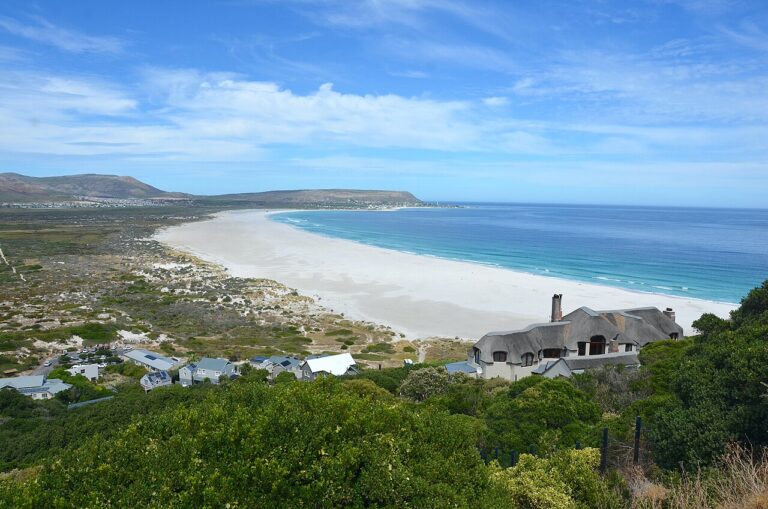 Noordhoek Beach viewed above houses and coastal vegetation