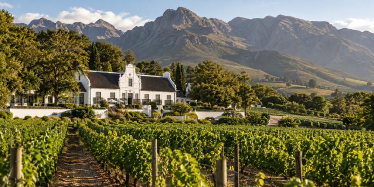 White wine-estate buildings surrounded by vineyards and mountains