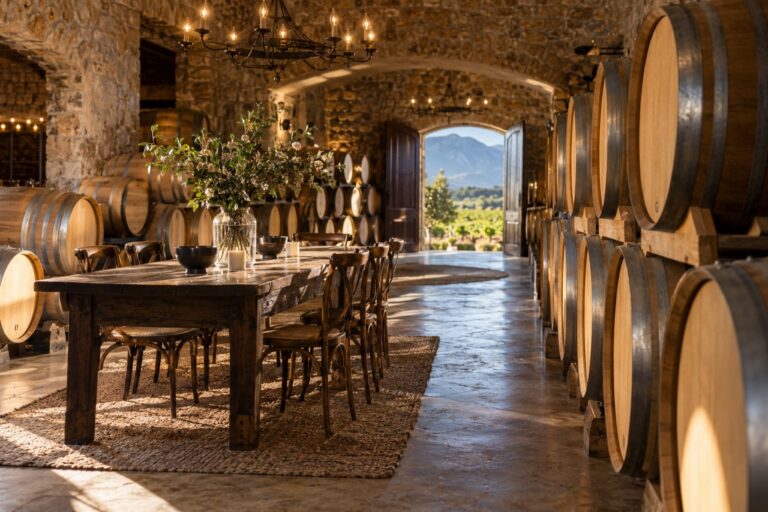 Wine barrels and a tasting table inside a stone-walled cellar