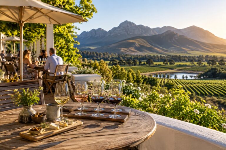 Wine glasses on a terrace overlooking vineyards and mountains