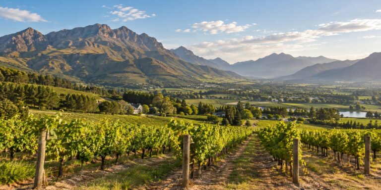 Vineyard rows leading towards the Franschhoek mountains