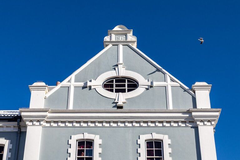 Ornate gable and windows on a historic waterfront building