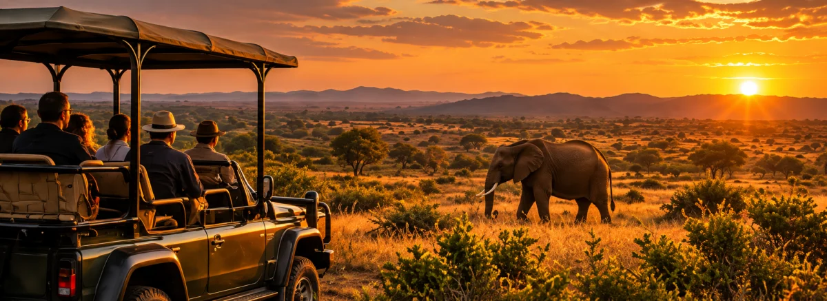 A safari vehicle and elephants in a South African landscape at sunset