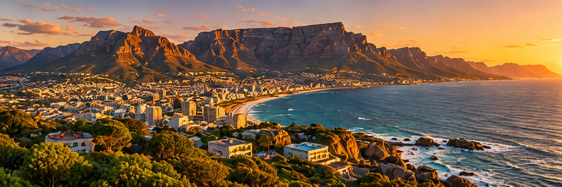 Cape Town’s coastline and Table Mountain at sunset