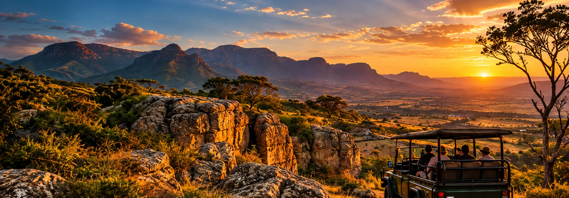 Safari landscape and mountains in warm evening light